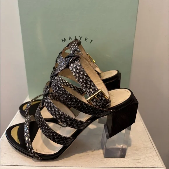 🤩 Modern VTG Maiyet of Italy Elaphe Multi Strap Black & Gold Strappy Sandal 38.5 - Picture 7 of 12